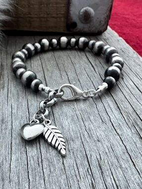 German Silver Navajo Beaded Bracelet with Heart & Leaf Charms